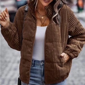 Womens corduroy slant pocket puffy jacket